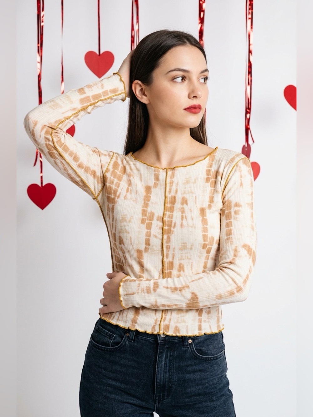 Topshop Cream and Tan Ribbed Tie-Dye Long Sleeve Top